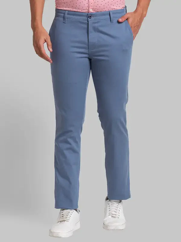 Men Blue Lrt Fit Solid Cotton Blend Trouser