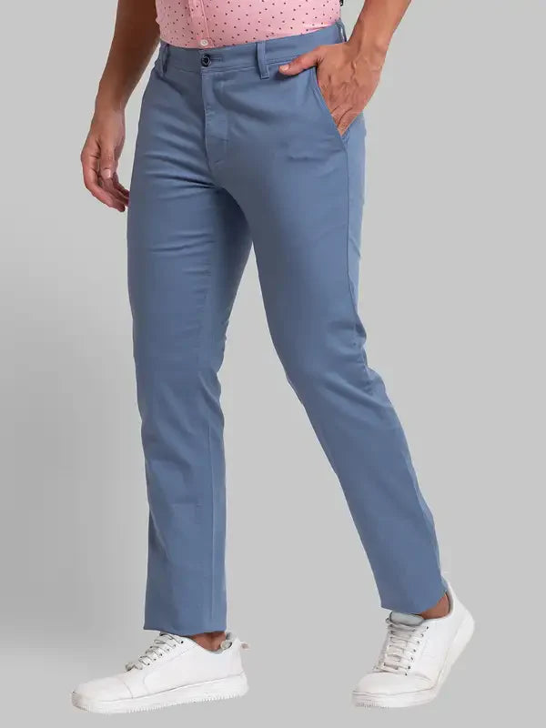 Men Blue Lrt Fit Solid Cotton Blend Trouser