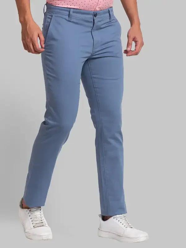 Men Blue Lrt Fit Solid Cotton Blend Trouser