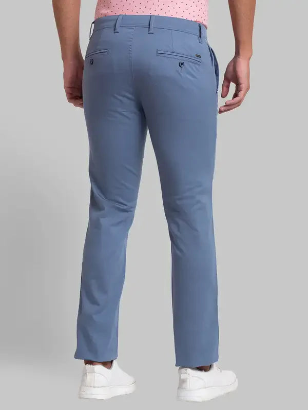 Men Blue Lrt Fit Solid Cotton Blend Trouser