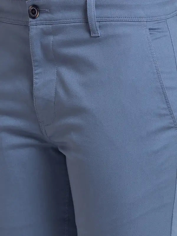 Men Blue Lrt Fit Solid Cotton Blend Trouser
