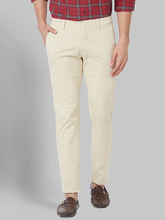 Men Beige Low Rise Tapered Fit Solid Cotton Blend Trouser
