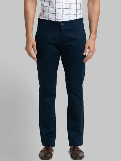 Men Blue Lrt Fit Solid Cotton Blend Trouser