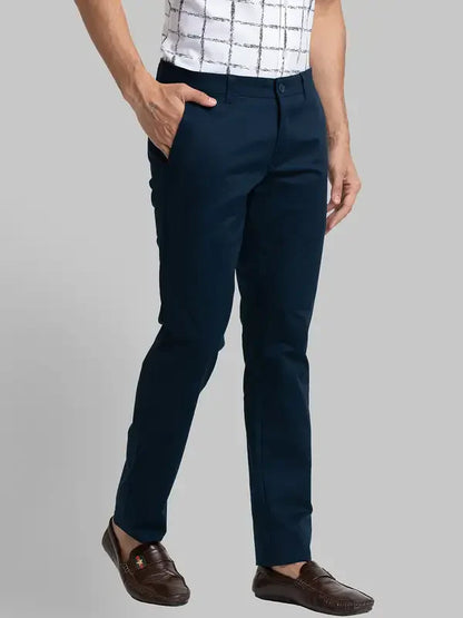 Men Blue Lrt Fit Solid Cotton Blend Trouser