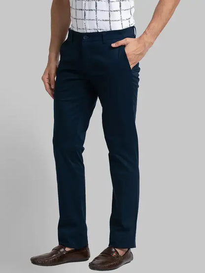 Men Blue Lrt Fit Solid Cotton Blend Trouser
