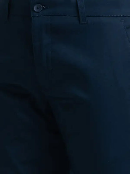 Men Blue Lrt Fit Solid Cotton Blend Trouser