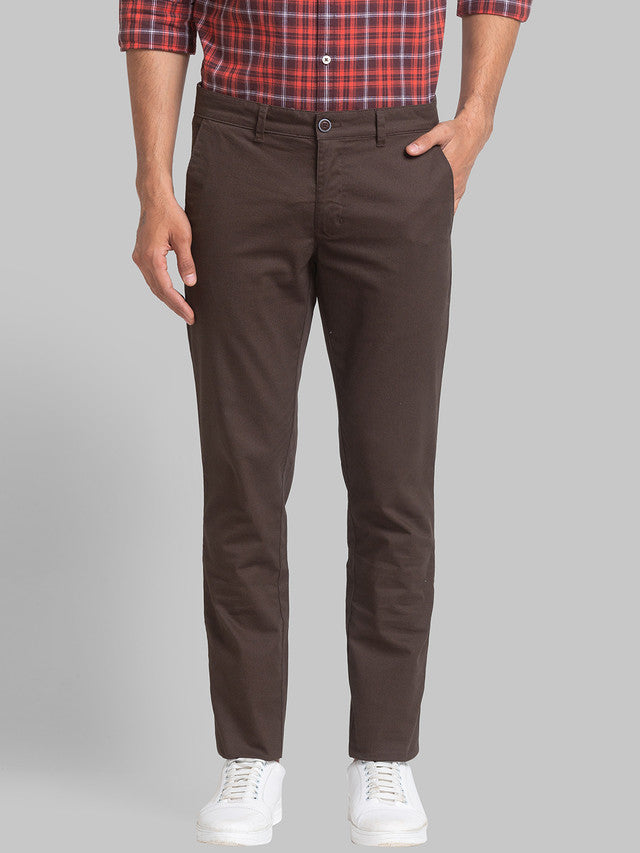 Parx Brown Printed Low Rise Tapered Fit Cotton Blend Trouser