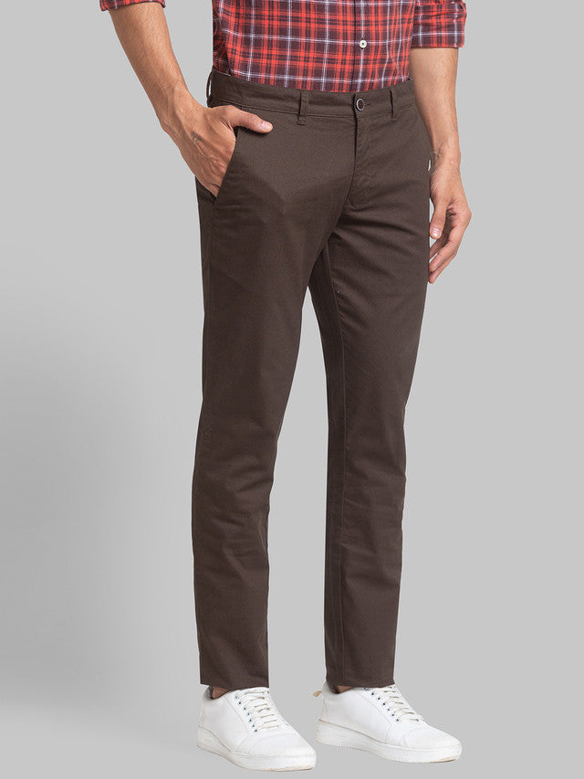 Parx Brown Printed Low Rise Tapered Fit Cotton Blend Trouser