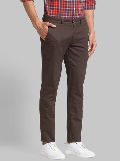 Parx Brown Printed Low Rise Tapered Fit Cotton Blend Trouser