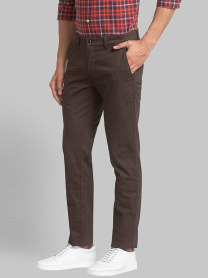 Parx Brown Printed Low Rise Tapered Fit Cotton Blend Trouser