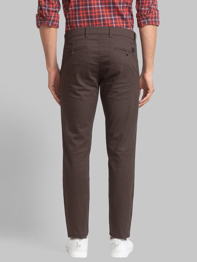Parx Brown Printed Low Rise Tapered Fit Cotton Blend Trouser