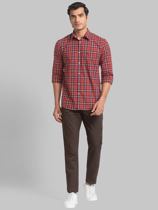Parx Brown Printed Low Rise Tapered Fit Cotton Blend Trouser