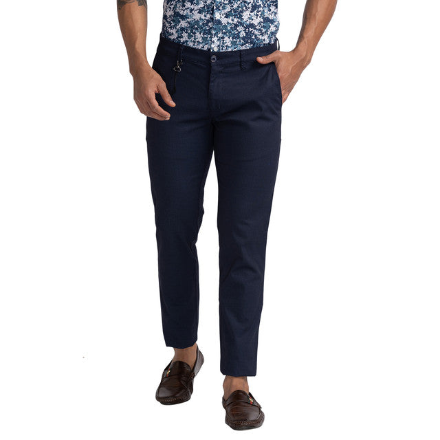 Parx Blue Printed Tapered Fit Trouser