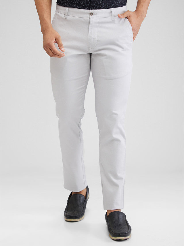 Parx Grey Solid Low Rise Tapered Fit Cotton Blend Trouser