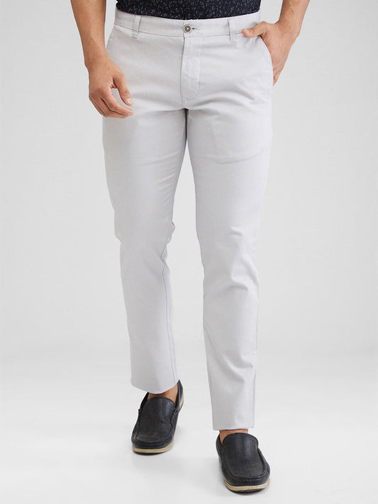 Parx Grey Solid Low Rise Tapered Fit Cotton Blend Trouser