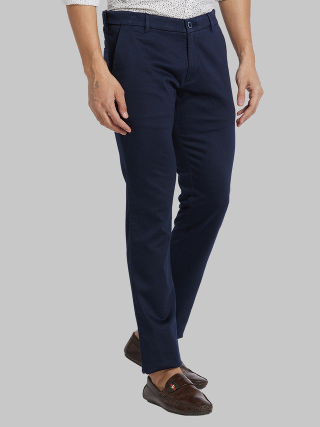 Parx Blue Solid Low Rise Tapered Fit Cotton Blend Trouser