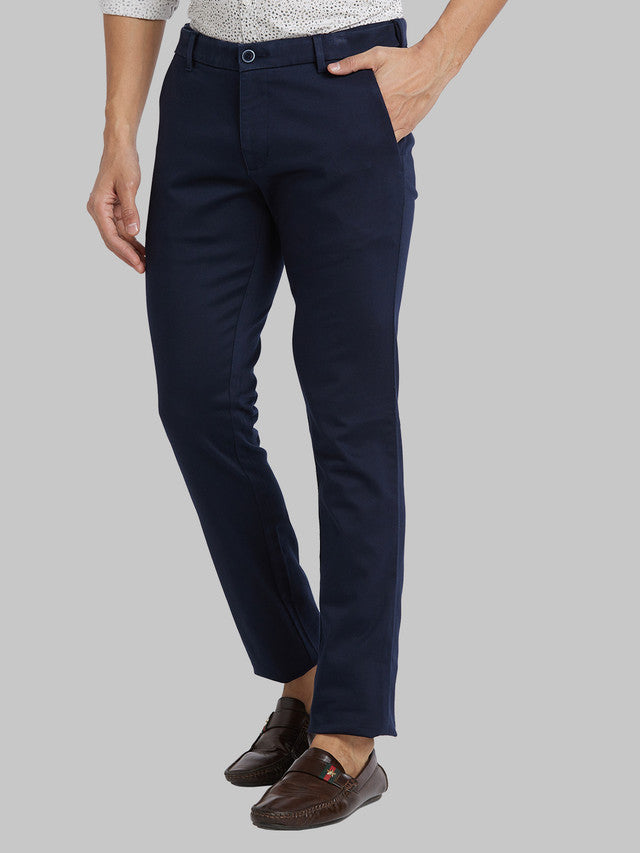 Parx Blue Solid Low Rise Tapered Fit Cotton Blend Trouser