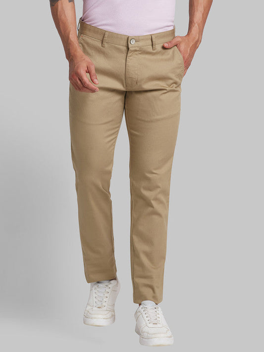 Parx Khaki Solid Low Rise Tapered Fit Cotton Blend Trouser