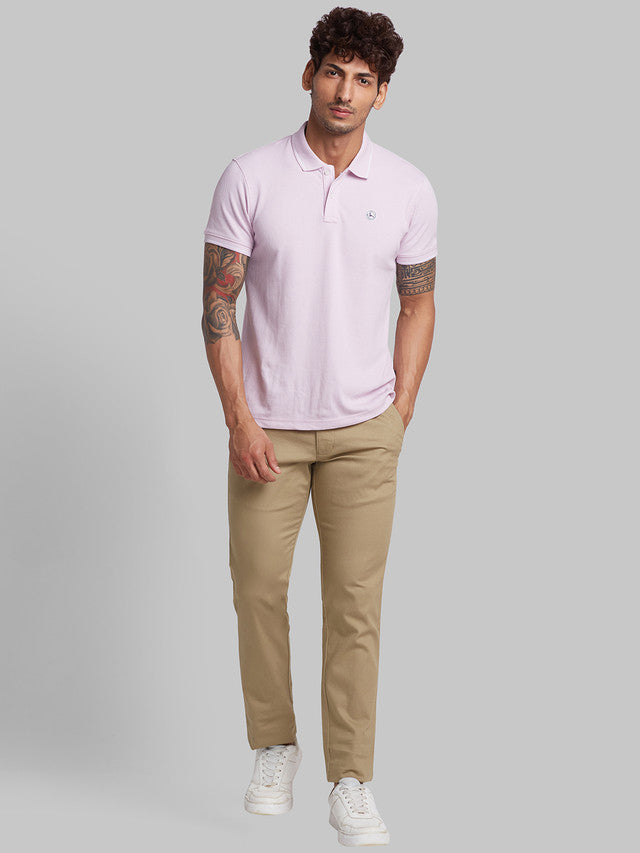 Parx Khaki Solid Low Rise Tapered Fit Cotton Blend Trouser