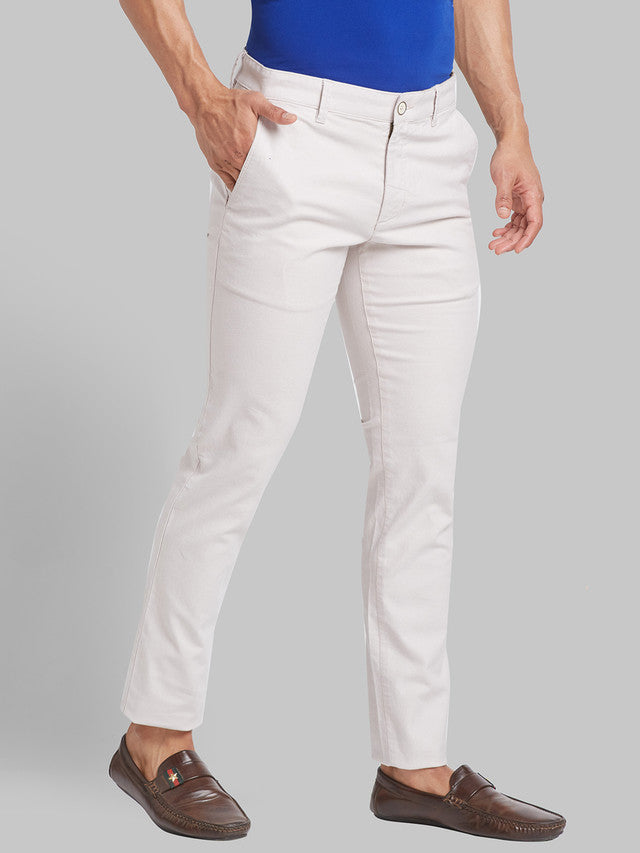 Parx Beige Yarn Dyed Low Rise Tapered Fit Cotton Blend Trouser