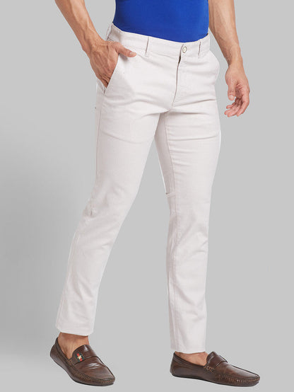 Parx Beige Yarn Dyed Low Rise Tapered Fit Cotton Blend Trouser