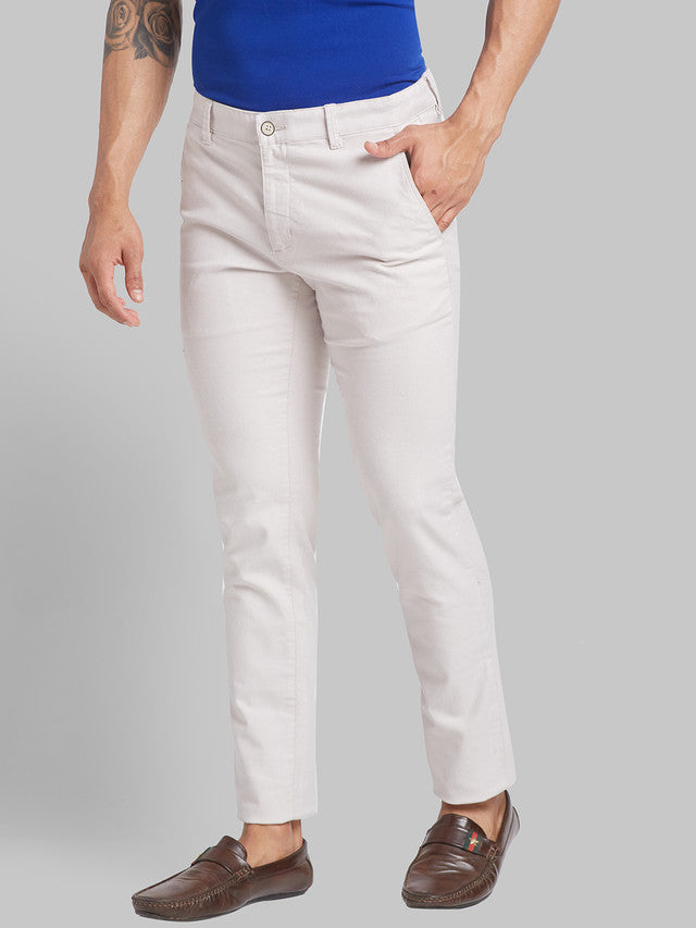 Parx Beige Yarn Dyed Low Rise Tapered Fit Cotton Blend Trouser