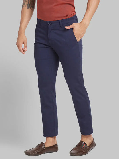 Parx Men Blue Low Rise Tapered Fit Solid Cotton Blend Trouser