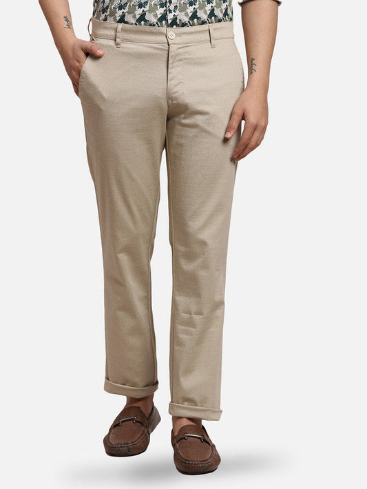 Parx Khaki Printed Low Rise Tapered Fit Cotton Blend Trouser