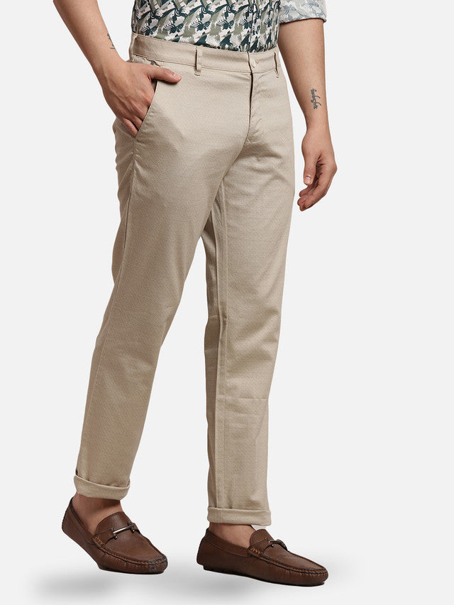 Parx Khaki Printed Low Rise Tapered Fit Cotton Blend Trouser