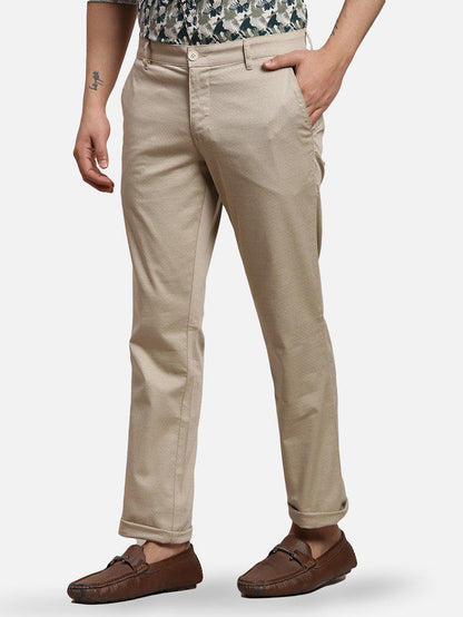 Parx Khaki Printed Low Rise Tapered Fit Cotton Blend Trouser