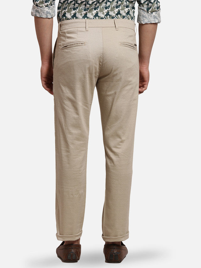 Parx Khaki Printed Low Rise Tapered Fit Cotton Blend Trouser
