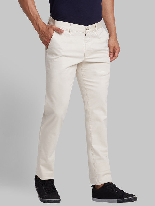 Parx Beige Solid Low Rise Tapered Fit Cotton Blend Trouser