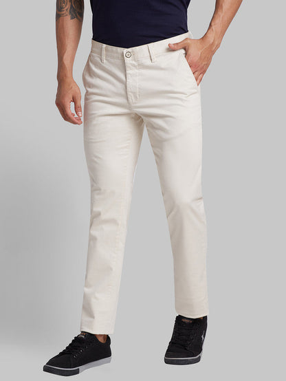 Parx Beige Solid Low Rise Tapered Fit Cotton Blend Trouser