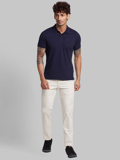 Parx Beige Solid Low Rise Tapered Fit Cotton Blend Trouser