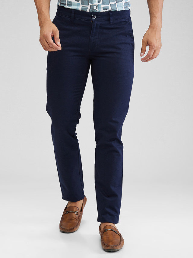 Parx Blue Solid Low Rise Tapered Fit Cotton Trouser