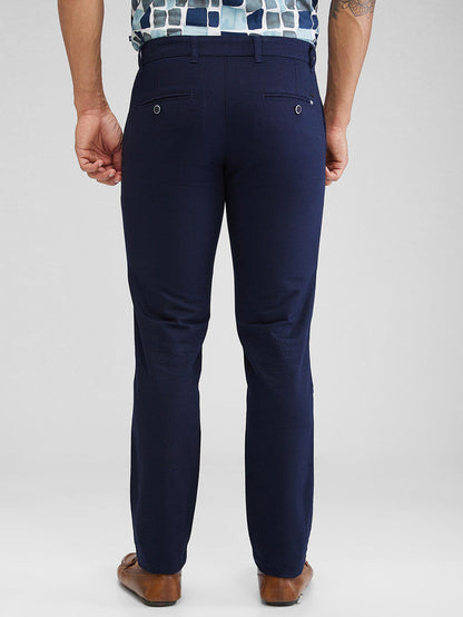 Parx Blue Solid Low Rise Tapered Fit Cotton Trouser
