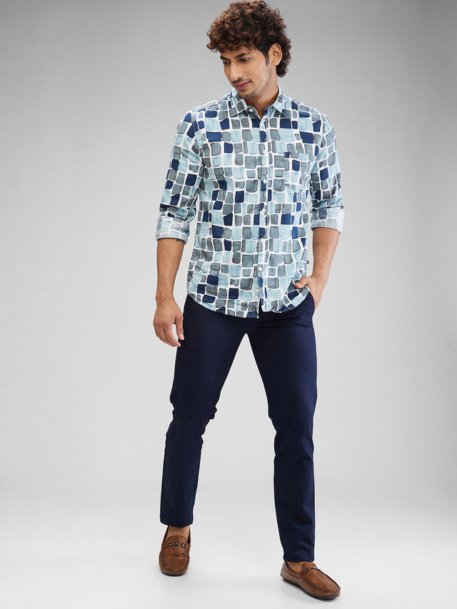 Parx Blue Solid Low Rise Tapered Fit Cotton Trouser