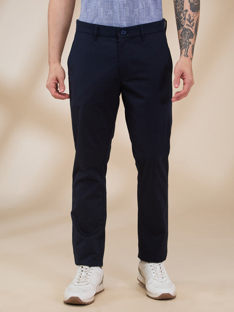 Parx Men Blue Solid Low Rise Tapered Fit Cotton Blend Trouser