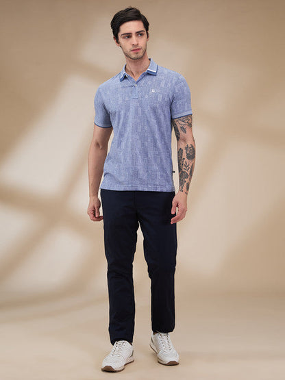 Parx Men Blue Solid Low Rise Tapered Fit Cotton Blend Trouser