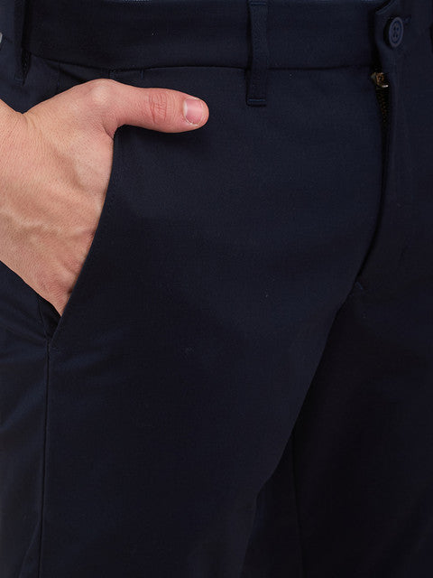 Parx Men Blue Solid Low Rise Tapered Fit Cotton Blend Trouser