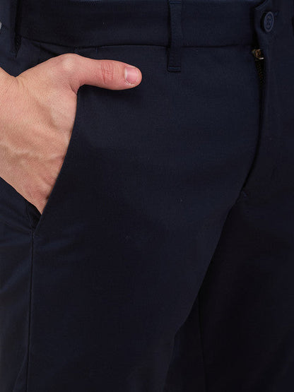 Parx Men Blue Solid Low Rise Tapered Fit Cotton Blend Trouser