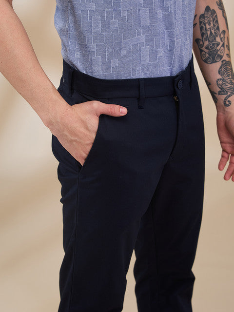 Parx Men Blue Solid Low Rise Tapered Fit Cotton Blend Trouser