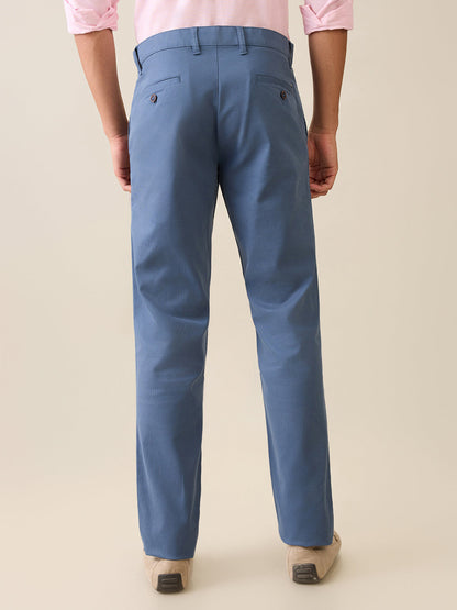 Parx Men Blue Dobby Low Rise Tapered Fit Cotton Blend Trouser