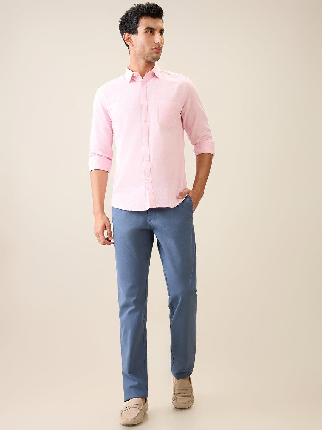 Parx Men Blue Dobby Low Rise Tapered Fit Cotton Blend Trouser