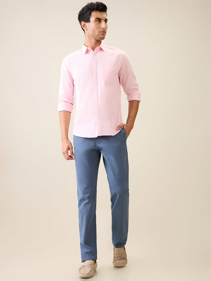 Parx Men Blue Dobby Low Rise Tapered Fit Cotton Blend Trouser