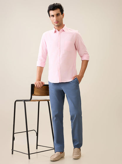 Parx Men Blue Dobby Low Rise Tapered Fit Cotton Blend Trouser