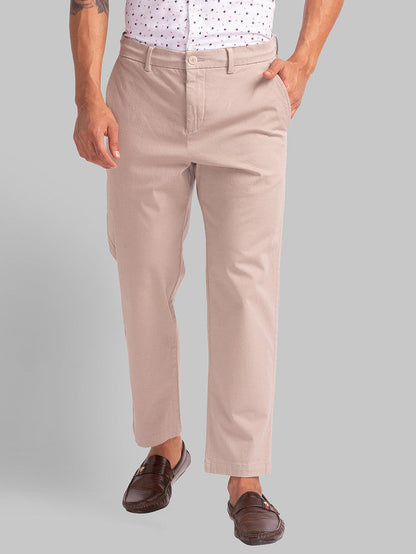 Parx Khaki Solid Carrot Fit Cotton Blend Trouser