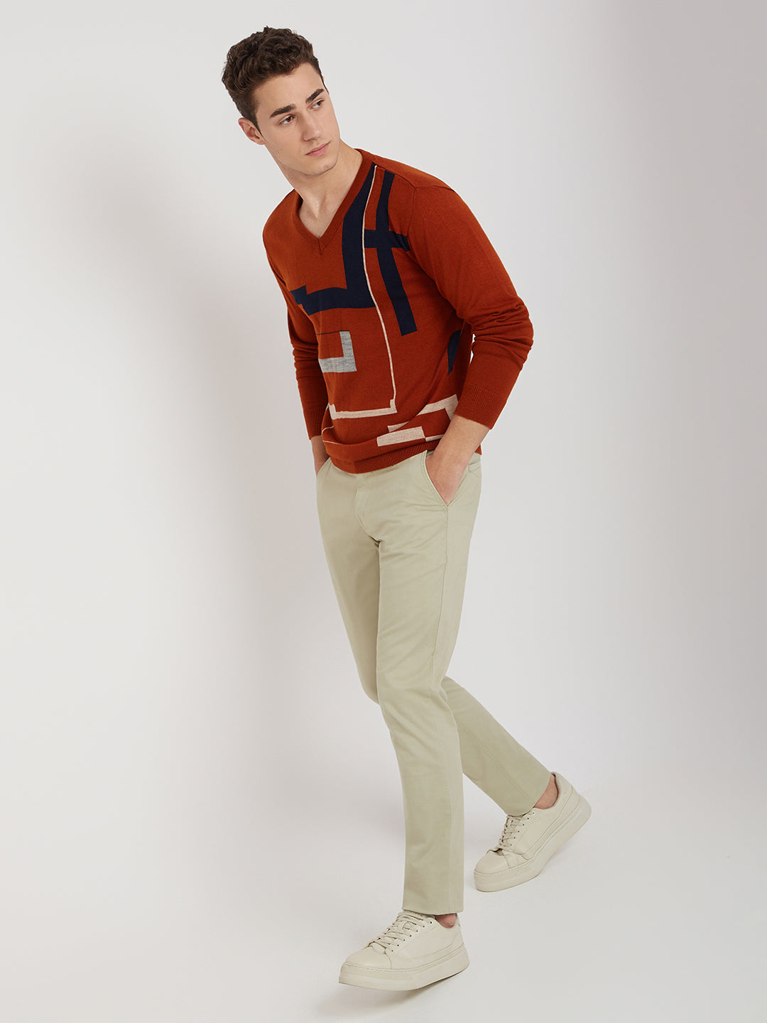 Men Orange Intarsia Acrylic Full Sleeve Sweaters