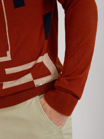 Men Orange Intarsia Acrylic Full Sleeve Sweaters