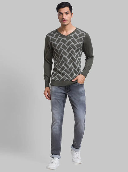 Men Green Jacquard Acrylic Blend Full Sleeve Sweaters